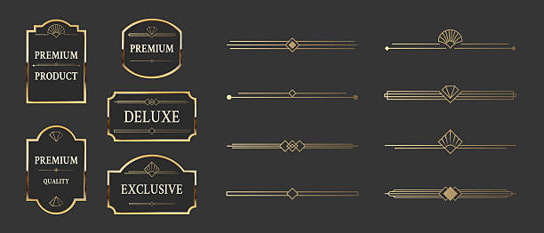 Elegant Art Deco borders and badges with geometric ornaments. Set of vector decorative dividers in retro 1920s. Design elements for vintage invitations, classic packaging and luxury labels