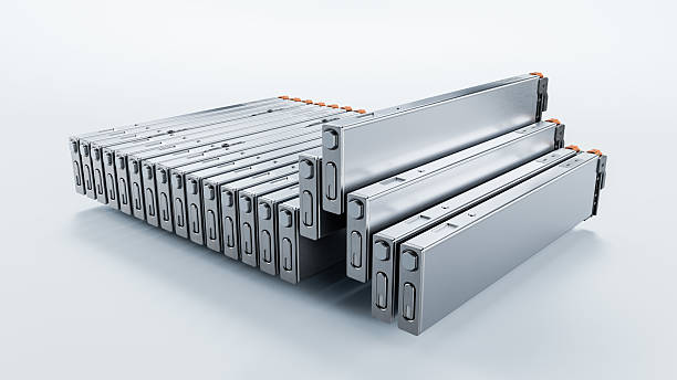 High-voltage Rectangular Battery Modules for Electric Vehicle or Hybrid Car. EV Battery Cells for Automotive Industry Isolated on Light Background. High Performance and Capacity Blade Battery Pack.