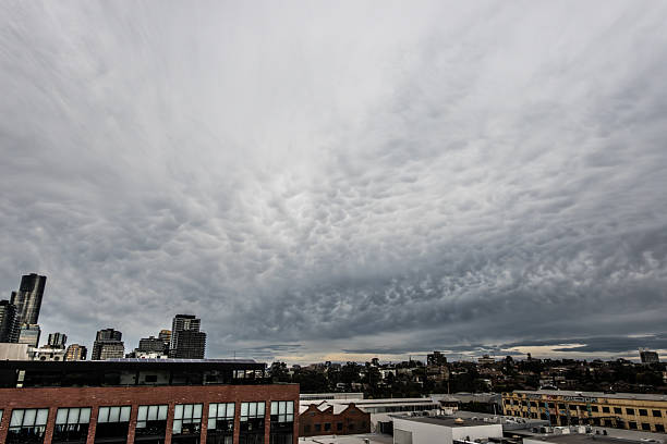 MELBOURNE, AUSTRALIA - AUGUST 15, 2025: View towards South Yarra skyline with impending storm and Mammatus clouds from a high rise building in Cremorne in Australia