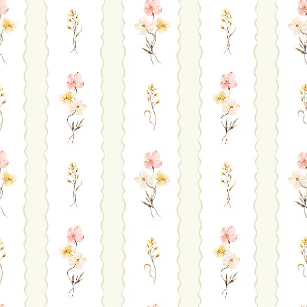 Watercolor seamless pattern with meadow flowers, whimsical vertical stripes and soft foliage for textile, fabric, wrapping, packaging, wallpaper, stationery, romantic rustic and botanical designs