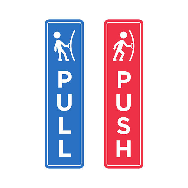 Pull and Push Door Signs Two vertical signs indicating door actions, one blue labeled pull with a figure pulling a door, and one red labeled push with a figure pushing a door push the door stock illustrations