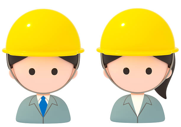 A 3D illustration of male and female construction workers wearing helmets and work uniforms.