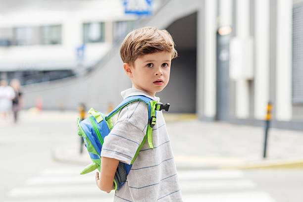 istock Serious little boy with backpack on city street 2230279842