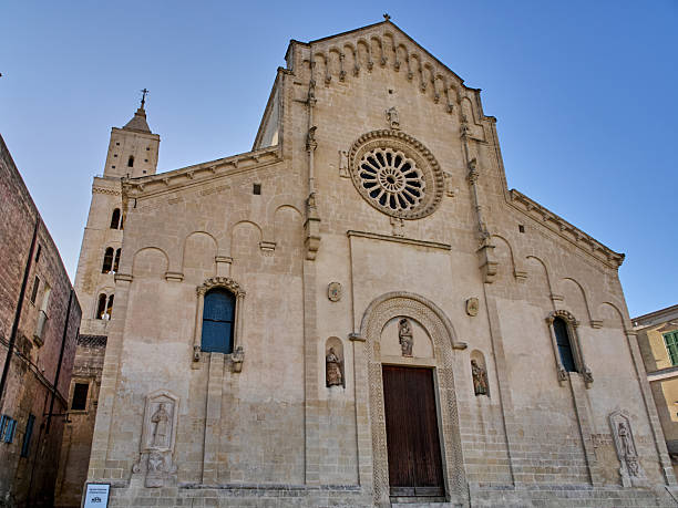 Facade of Matera Cathedral, dedicated to  Our Lady of Bruna and to Saint Eustace. Built in Apulian Romanesque style. Piazza Duomo, Matera. Basilicata, Italy, Europe