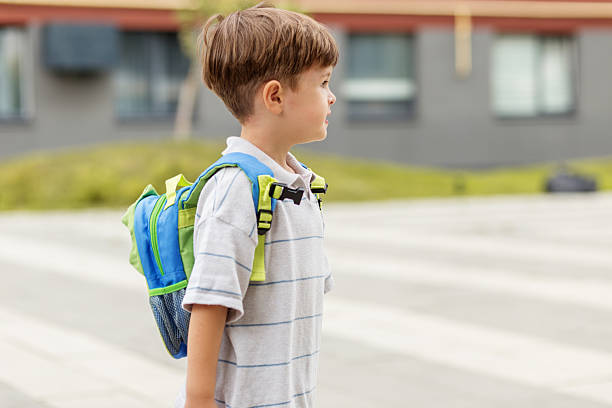 istock Schoolboy with backpack standing outside. Back to school 2230281035