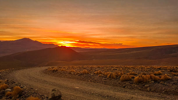 istock Winding dirt road through desert landscape at sunset 2230281448