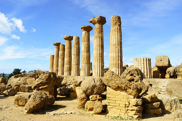 View on column of a temple of Valle dei Templi of Agrigento, Sicily, Italy