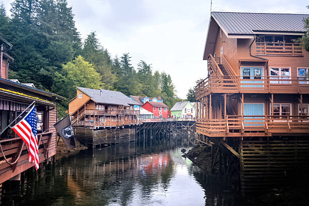 View of Buildings on Wooden Pilings in Ketchikan Alaska over Ketchikan Creek