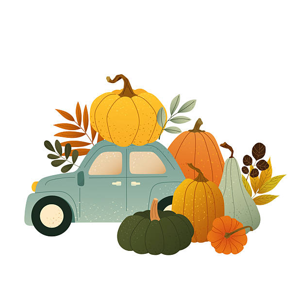 istock Blue textured retro car with colorful fall pumpkins and leaves. Happy Thanksgiving. Autumn harvest season scene. Vector illustration for card, banner, poster, print or any cozy fall design 2230299748