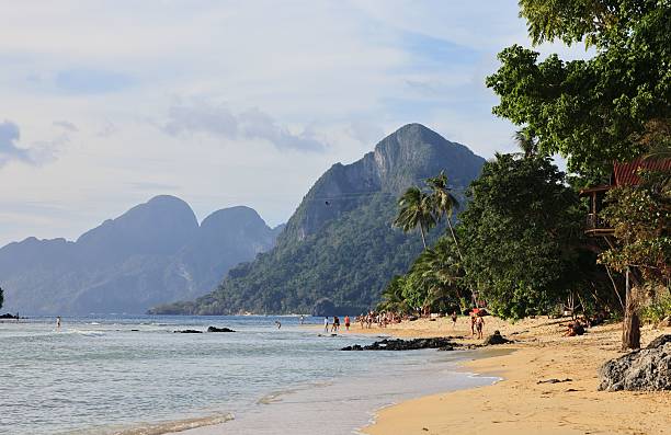 A tropical beach scene in El Nido, Philippines, with lush greenery, mountains, and people enjoying the sunny weather.
