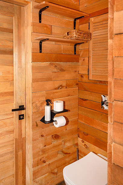 istock A compact and stylish bathroom featuring wooden panel walls, a modern sink design, and essential fixtures. Natural aesthetics with a contemporary touch, ideal for interior design inspiration. 2230301711