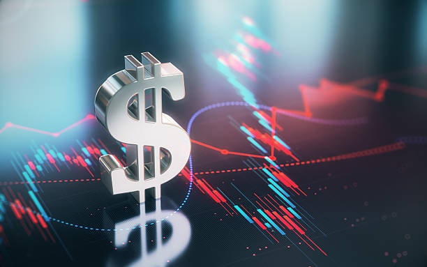 istock Chrome Dollar Symbol on Red and Blue Financial Chart Background 2230302158