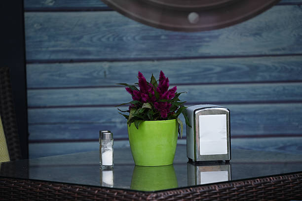 Celosia , also known as Cockscomb in a flower pot on the table in the cafe, on which there is also napkin and a set of salt and pepper