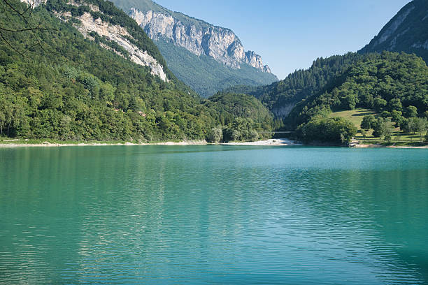 Clear water blue mountain lake, Dolomites, Italy