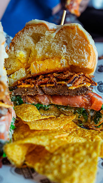istock Delicious gourmet burger with cheese, bacon, and tortilla chips 2230310054