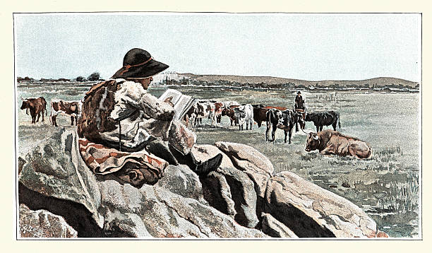 Cow herd boy reading book while watching over his cattle, Spanish, Vintage illustration, 19th Century, Scene from Le Cure de Paracuellos par Antonio De Truebla