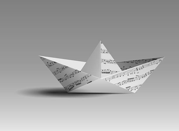 istock Realistic paper boat, origami paper with music notes folded toy ship 2230320249