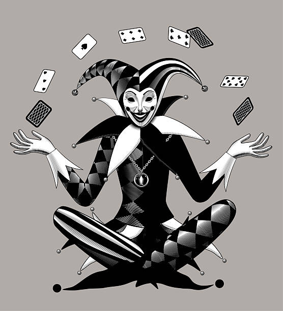 Sitting cross-legged Joker juggles with playing cards. Drawing in vintage engraving and linear black and white style.  Vector illustration