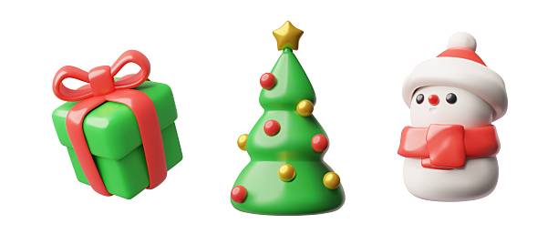 istock Set of festive 3d render Christmas decorations with a green gift, adorned tree, and cheerful snowman wearing a Santa hat. 2230326382