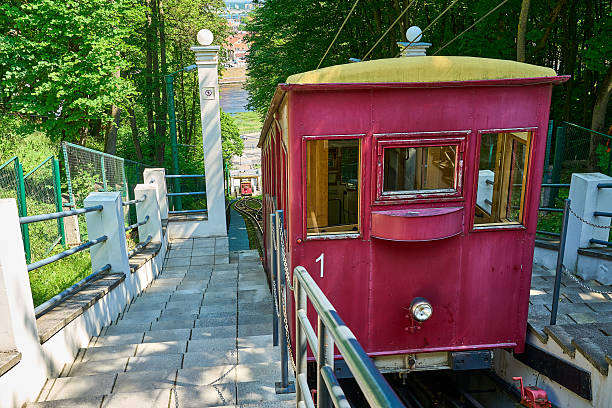 Kaunas, Lithuania - 06 29 2023: Aleksotas funicular, vintage tram, cog railway, leading to the viewpoint high above the old town of the city center Kaunas, Lithuania.