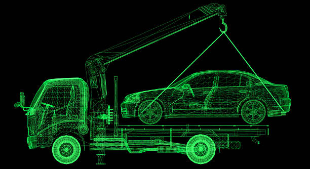 3D model of a tow truck and car model on black background.