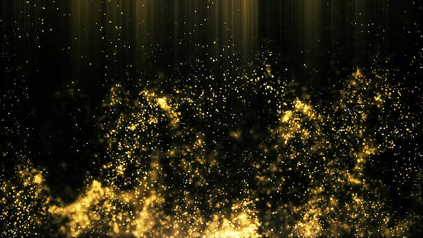 istock Abstract yellow particle dots wave background with rays of light. Digital particle 2230338339