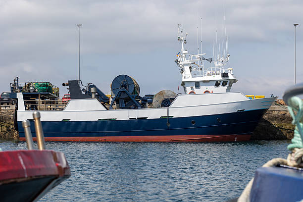 istock Modern fishing boat docked at harbor on cloudy day 2230339830