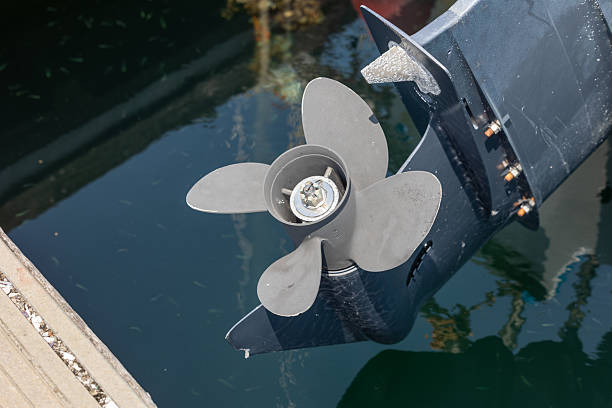 istock Boat propeller submerged in green water, ready for sailing 2230340165