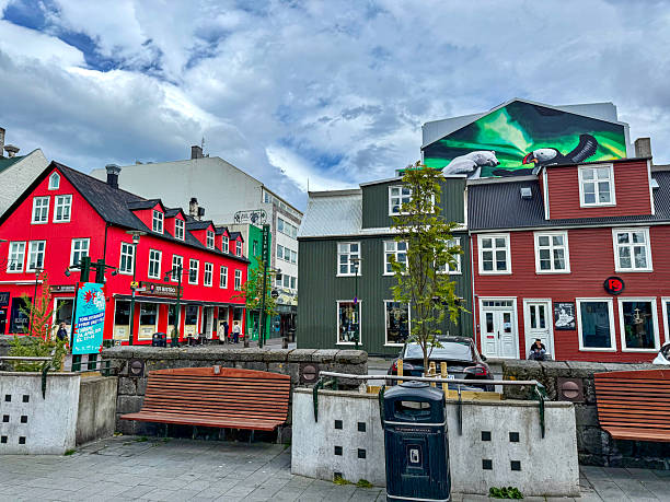 Reykjavik, Iceland - June 4, 2025 -Vibrant mural featuring a polar bear and puffin sits above equally vibrant buildings in downtown Reykjavik