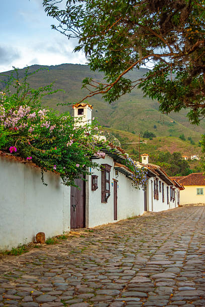 Picturesque cobblestone street lined with traditional white houses adorned with vibrant flowers in Villa de Leyva, Boyaca, Colombia.