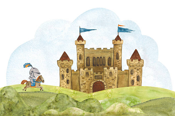 Medieval castle with flags on towers on hills to it gallops knight in armor in background. Watercolor illustration hand drawn, cartoon. drawing for stickers, cards, printing, scrapbooking