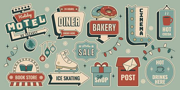 Retro winter holiday sticker sign set with Christmas ornaments, festive lettering for merry xmas, happy new year and seasonal celebration designs. Vector illustration in vintage mid century 50s style