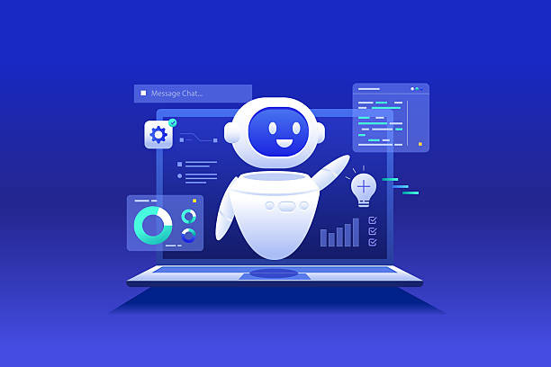 illustrations, cliparts, dessins animés et icônes de ingénierie rapide dans l’application ai chatbot llm, assistant robotique avec tableau de bord d’ordinateur portable, message de chat et illustration du concept big data - automatisé