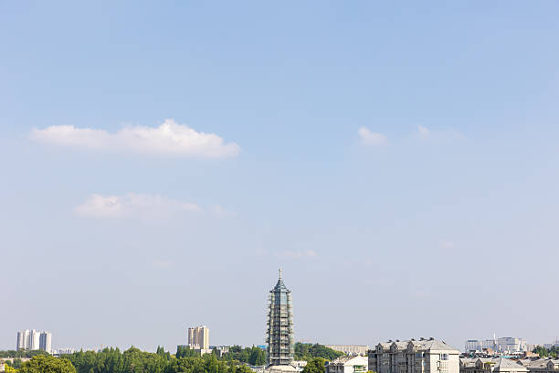 High angle view of city skyline
