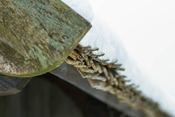 Wooden plank roof on a building in a winter time.