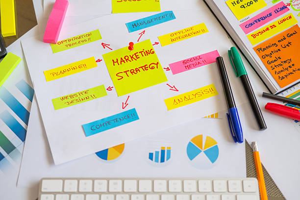 istock Marketing manager is creating a marketing strategy using sticky notes, charts, and colorful markers, focusing on planning, analysis, competition, and social media integration 2230382205