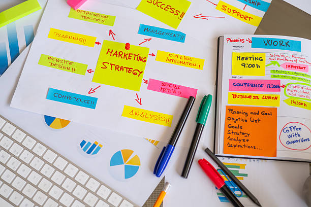 istock Marketing strategy is being developed using colorful sticky notes, markers, and a computer keyboard, highlighting the importance of planning, analysis, and social media integration 2230382273