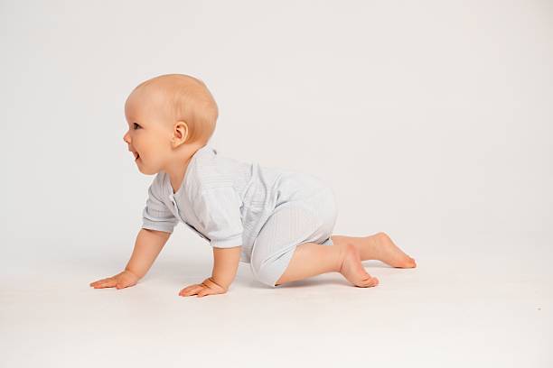 istock a baby crawling on a white isolated background, a small boy learning to crawl, space and room for text 2230385251