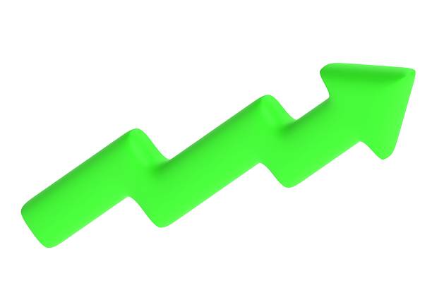 3D bright green zigzag arrow pointing upward on white background, symbolizing growth, financial rise, business success, profit increase, and positive market trends.