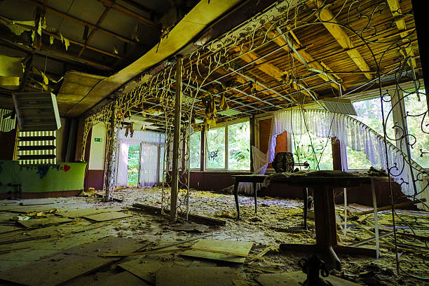 empty Dinner Room with Tables in a lost place Motel
