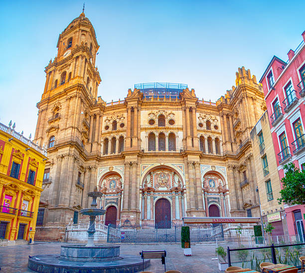 Detailed view of richly decorated Malaga Cathedral’s facade in Spain