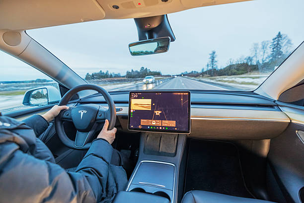 Sweden. Uppsala. January 15, 2025. Tesla Model Y electric car interior with driver on highway, central touchscreen showing 360-degree camera view and navigation.
