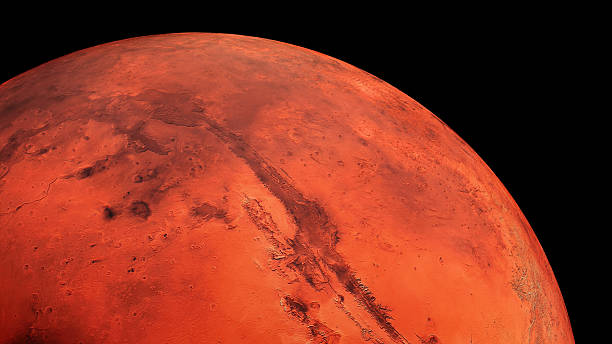 istock Mars planet with high detailed surface features, Martian red globe scientific background. 2230417300