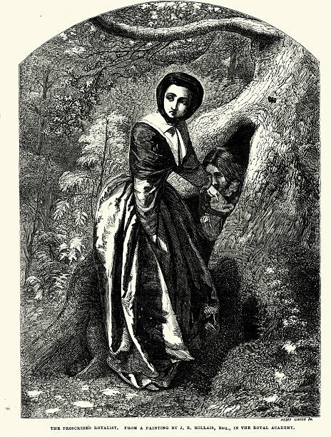 The Proscribed Royalist, 1651 depicts a young Puritan woman protecting a fleeing Royalist hiding in a hollow tree during the English Civil War, Battle of Worcester, British art, Vintage illustraion John Everett Millais