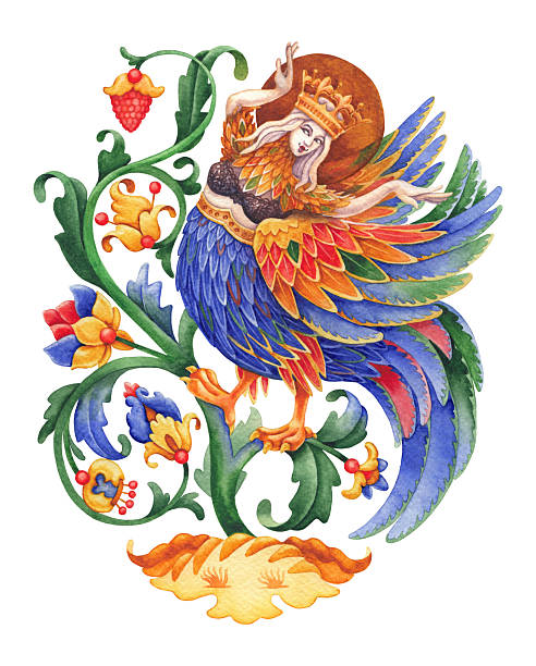 istock Watercolor girl in crown dancing mythical bird, stylized plants, medieval miniature inspired illustration. 2230430753