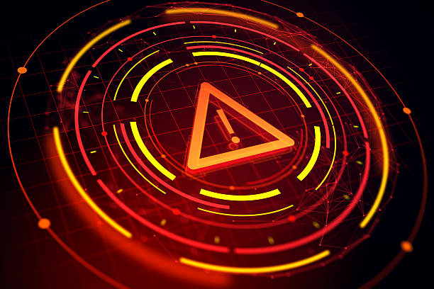 Glowing red warning exclamation icon in futuristic tech UI style on dark digital background. Concept of network alert, hacking, and cyber risk. 3D Rendering