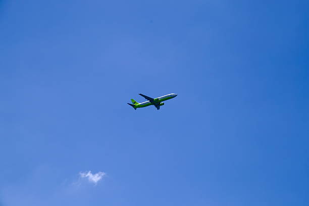 A greentailed passenger jet climbs above Jeju City against a clear blue sky after departure from Jeju International Airport.
