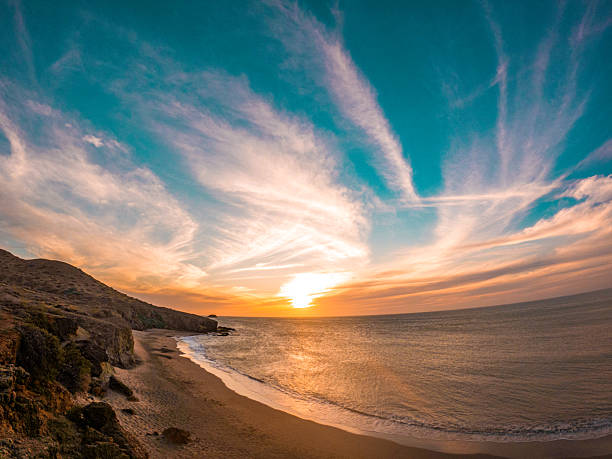 A breathtaking sunset at La Guajira, Colombia, showcasing vibrant colors in the sky over a tranquil beach.