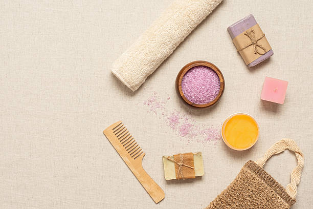 istock Various bath accessories on beige textile background, top view, flat lay 2230454197