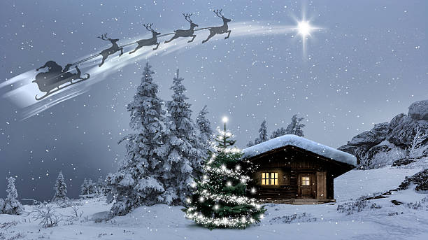 Christmas atmosphere with a mountain hut in the snow